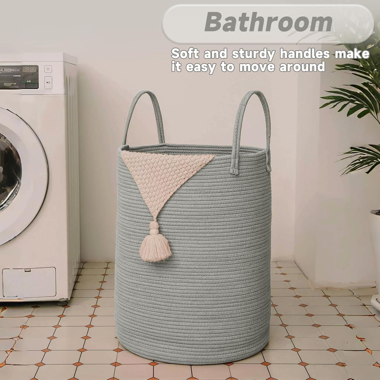 Large Woven Laundry Basket Hamper,100L Cotton Rope Storage Bin for Blankets,Toys and Clothes,Decorative Tall Nursery Hamper for Living Room,Baby Nursery,Bathroom and Bedroom,Grey