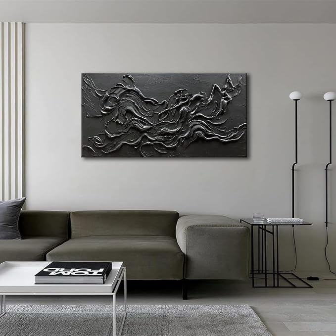 zoinart Hand Painted Large Black Wall Art 30"x60" Thick Texture Minimalist Oil Paintings Contemporary Art Oil on Canvas Abstract Textured Wall Art Pure Black Wall Art