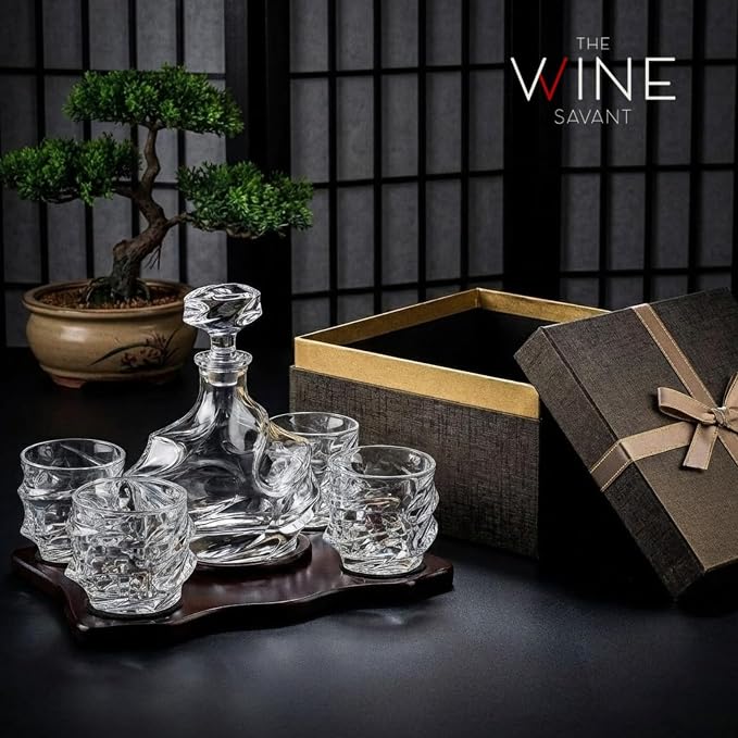 Storm Japanese Crystal Whisky Decanter Set with 4 Tumbler Glasses, Lead-Free Liquor Carafe & 10oz Rocks Glasses - Scotch, Bourbon, Spirits & Wood Base Elegant Barware Gift for Men, Japan Design Gifts
