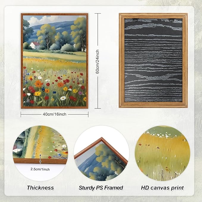 LHIUEM Vintage Wildflower Framed Canvas Wall Art,Boho Mountain Wall Decor,Rustic Floral Painting,Nature Field Landscape Artwork for Living Room,Bedroom,Dining Room,Farmhouse -16"x24"x3