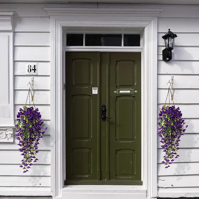 SJL Faux Hanging Plants Outdoor Flowers UV Resistant Fake Plants for Outside Fake Silk Colorful Morning Glory Artificial Eucalyptus Leaves for Arch Backyard Kitchen Spring Outside Decorations(Purple)