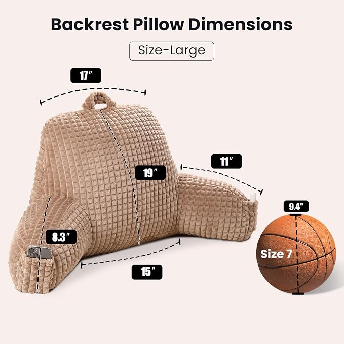 Reading Pillow with Arms for Bed Sitting,Khaki Flannel | Large Supportive Backrest with Arms Helps Ease Neck,Shoulder & Arm Strain While Gaming Reading or Watching TV