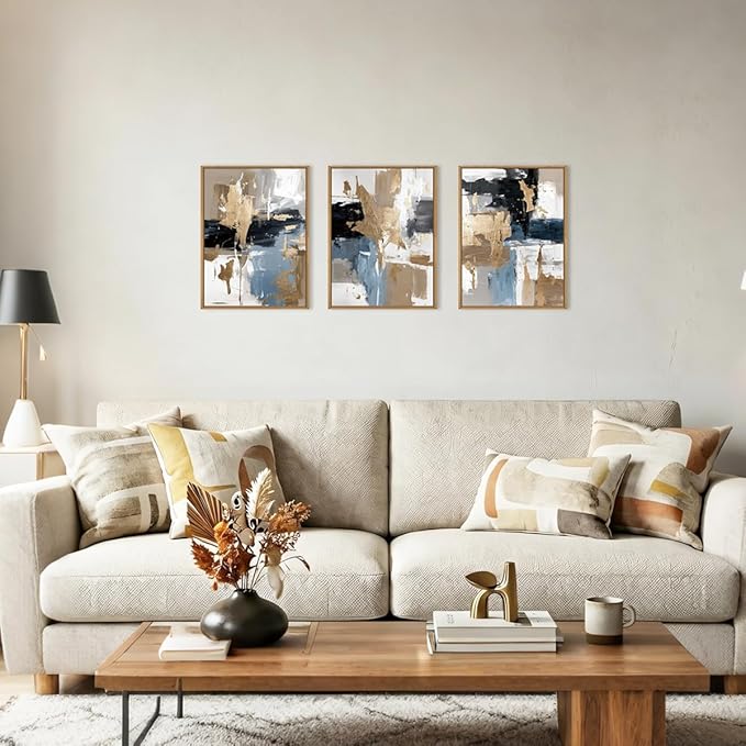 KAIRNE Blue and Gold Abstract Framed Canvas Wall Art Set,Minimalist Brush Strokes Wall Decor,Modern Textured Art Prints,Neutral Brown Black Artwork for Living Room,Bedroom,Farmhouse,Office-12 x16 x3