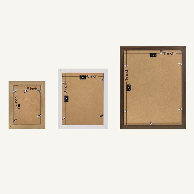 eletecpro Gallery Wall Frame Set of 7, Multiple Sizes Solid Wood Picture Frames Collage Wall Decor Including 1Pc 11x14, 2Pcs 8x10, 4Pcs 5x7 Photo Frames, Natural, White, Brown