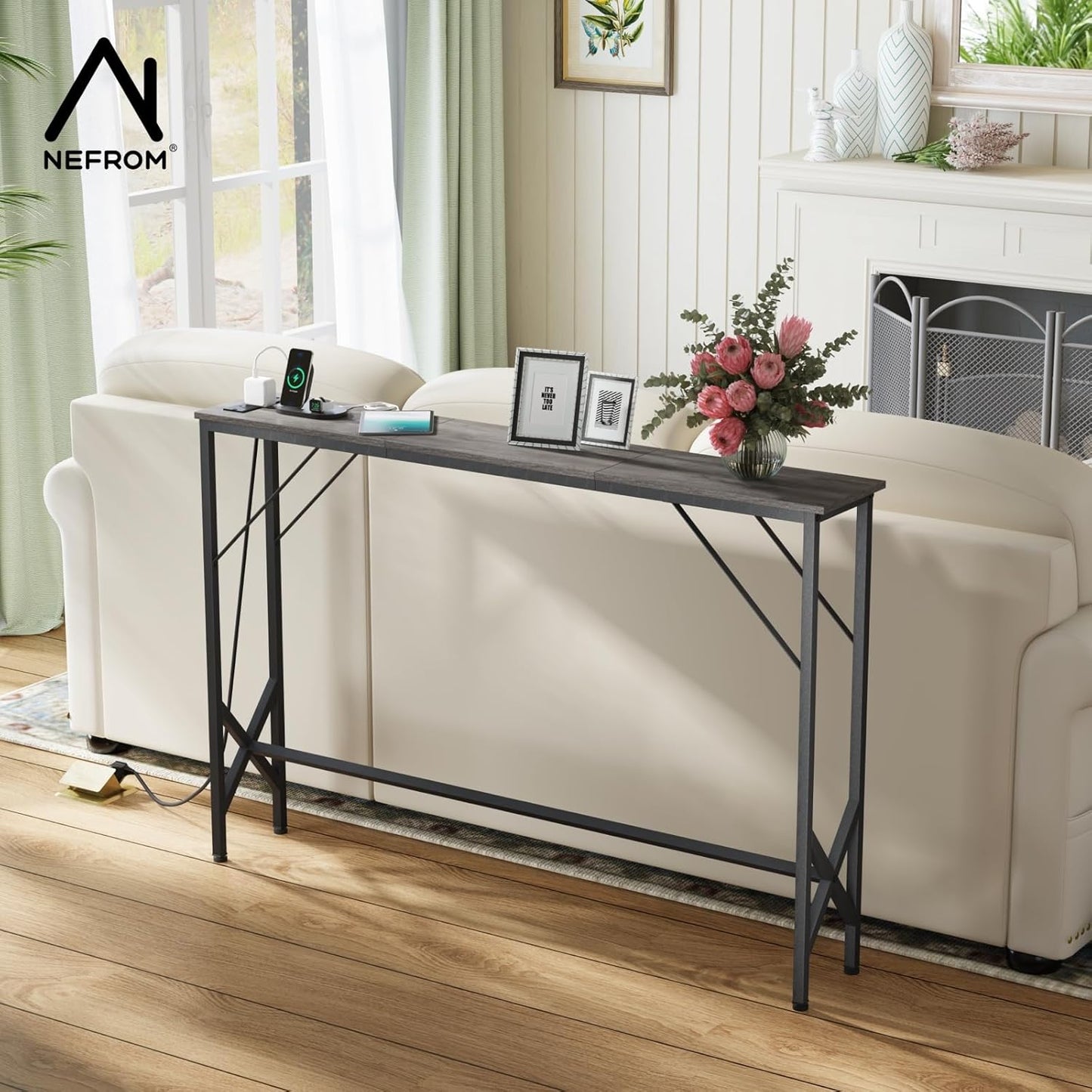 47.2'' Console Table, Skinny Entryway Table with Fast-Charging Station, Narrow Long Sofa Table, Behind Slim Couch Table for Entrance, Hallway, Living Room Decor ST-GY120-1