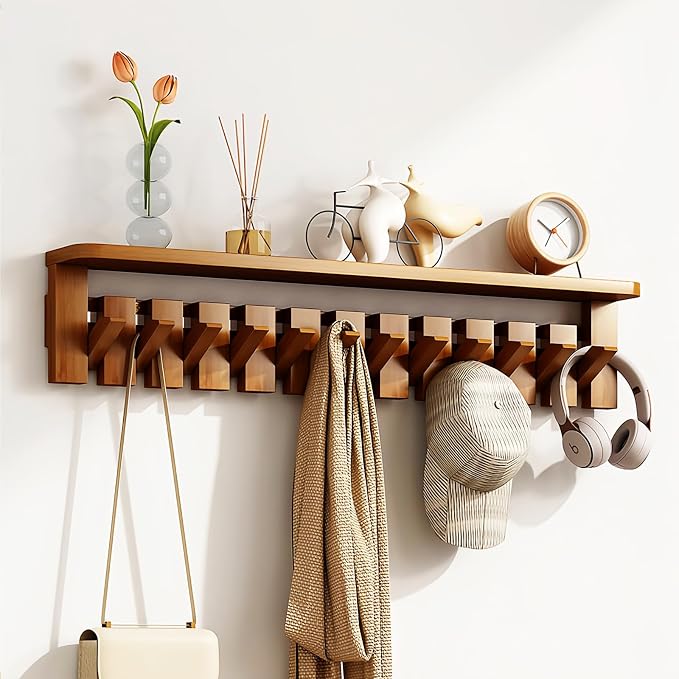 Wall Mounted Coat RackHooks Piano Key Hangers Natural Solid Wood Hanger Non-Woven Fabric Clothes Hangers for Closet, Kitchen, Bedroom, Bathroom, Entryway (Tray-Walnut, 8 Hooks)