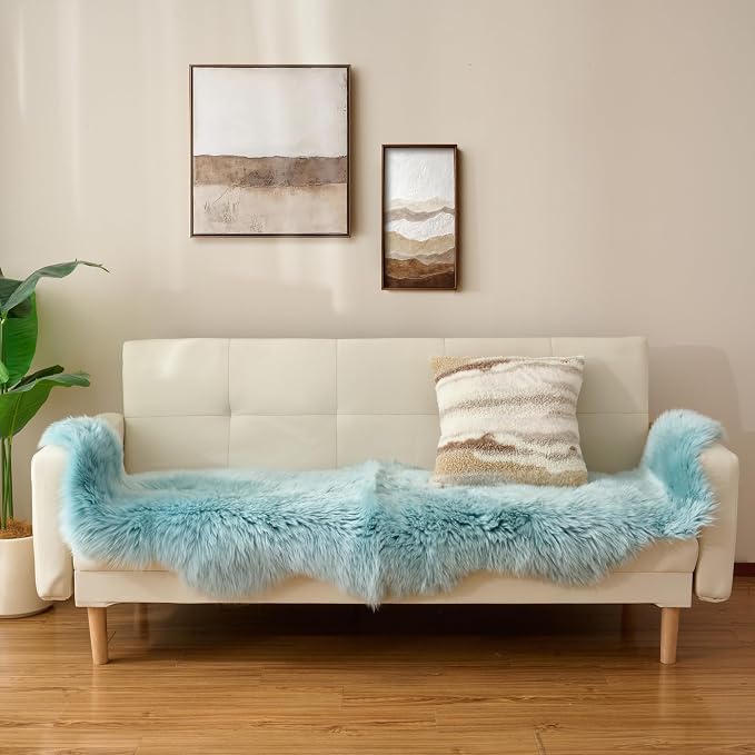 Premium Genuine Sheepskin Area Ruge - Real Wool Fur Shaggy Carpet | Fluffy Soft Natural Lambskin Rug Seat Chair Covers for Couch Sofa Bedroom Living Room(Light Blue,2×6 Feet Sheepskin)