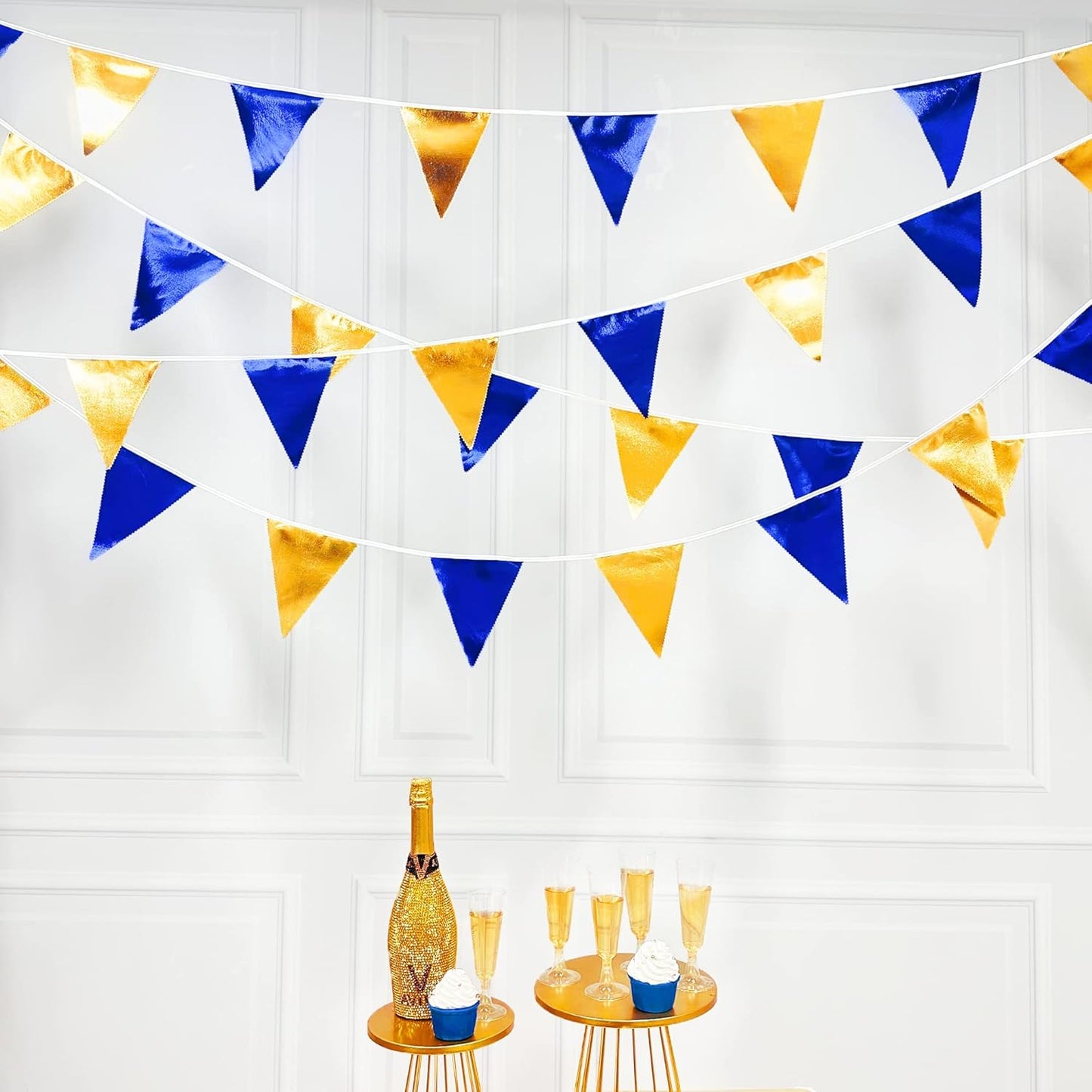Royal Blue Gold Party Decoration Navy Blue Gold Triangle Pennant Banner Flag Metallic Fabric Bunting Garland for Graduation Birthday Wedding Retirement Bridal Shower Nautical Ahoy Achor Party Supplies