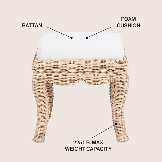 JONATHAN Y Rowan Woven Rattan Vanity Stool with White Cushion, 18.5" Coastal Backless Makeup Chair for Bedroom & Bathroom, Natural Mango Wood Wicker Ottoman Footrest VSL1000A