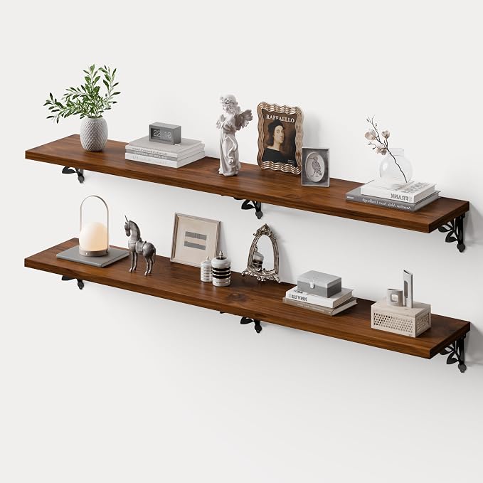 60 Inch 2 Tier Solid Wood Floating Shelves for Wall with Metal Brackets | 60 inch solid pine shelves, 2 tier, walnut finish, metal brackets for books, decor and home storage