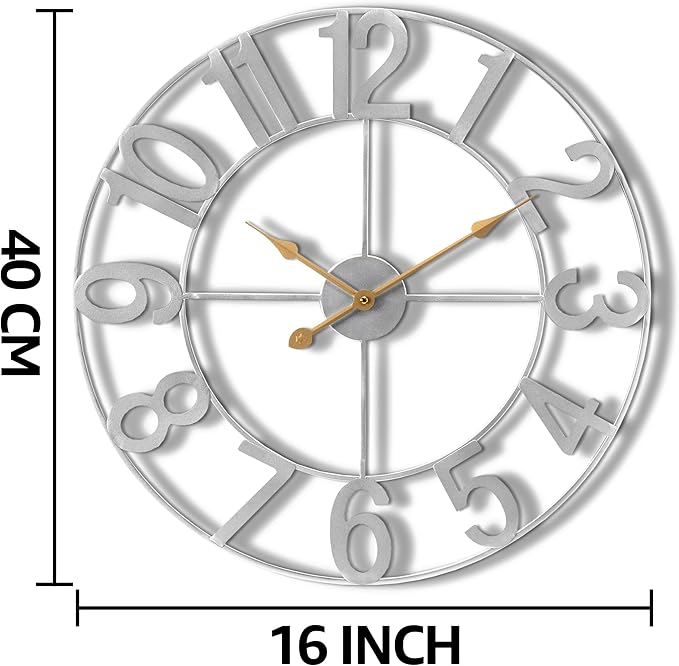 Sorbus Large Wall Clock for Living Room Decor - Wall Clock for Kitchen - 16 inch Big Wall Clock Decorative - Metal Wall Art - Analog Large Clock for Bedroom, Home, Kitchen, Office, Wall Decor (Silver)