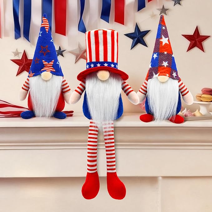 4th of July Decorations Patriotic Gnome Set of 3, 250th Anniversary USA Independence Day Decor, Red White and Blue Decorations for Tiered Tray Mantel Shelf Table
