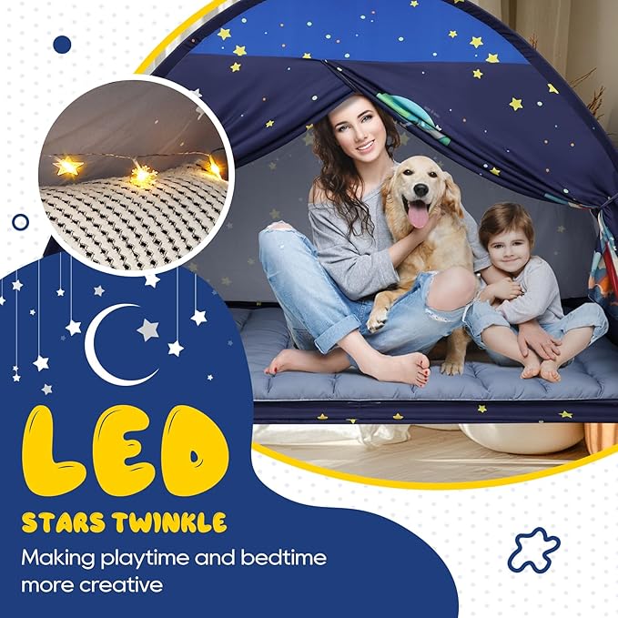 Redants Twin Bed Tent Canopy, Space Indoor Blackout Privacy Toddler Bed Tent for Kids with Light, Portable Sleeping Floor Kids Playhouse (Blue, Twin Size)