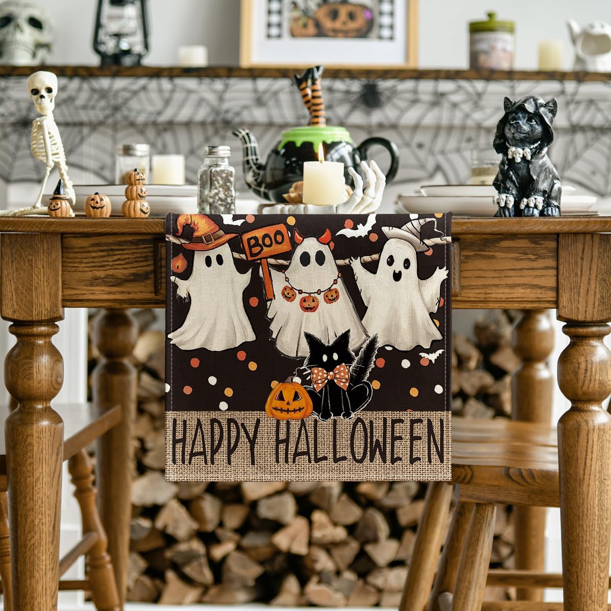 Artoid Mode Ghost Jack-O'-Lantern Black Cat Halloween Table Runner,Holiday Kitchen Dining Table Decoration for Home Party Decor 13 x 60 Inch