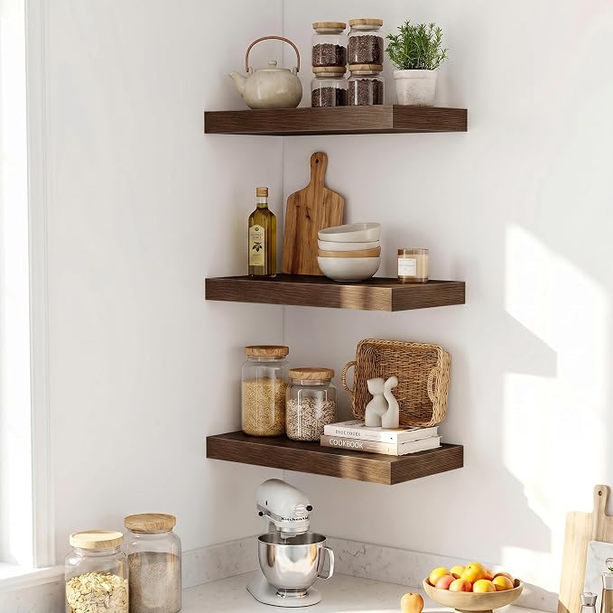 Fun Memories Wood Floating Shelves 20 Inch, 10 Inch Deep Shelves Wall Mount, Wall Shelves with Invisible Bracket, 20" Floating Shelves for Living Room Bathroom Bedroom, Walnut, Set of 3
