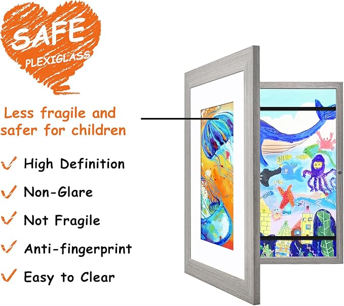 KINLINK 8.5x11 Kids Art Frame Set of 2, Solid Wood Kids Artwork Frames Changeable with Front Opening Hold 150 Pictures, Art Frames for Kids Art with Mat，without Mat 8.5x11 Picture Frame Grey