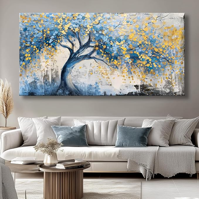 Wall Art Tree of blue Life Abstract Canvas Painting Textured Picture, Modern Landscape Artwork Framed for Living Room Bedroom Bathroom Office Home Decor 48x24in