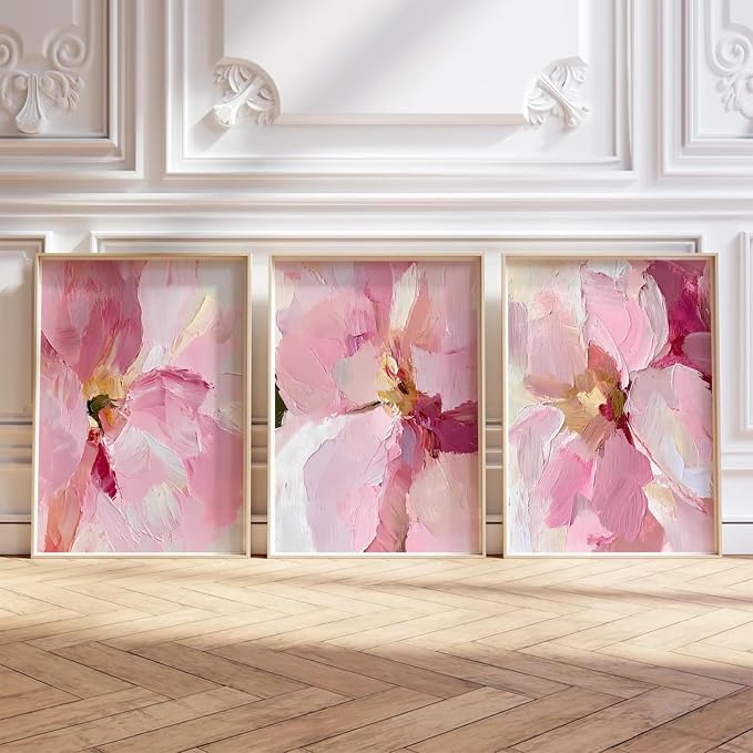 Abstract Floral Wall Art Pink Flower Canvas Pictures Modern Wall Decor Blush Pastel Pink Prints Peony Painting Minimalist Poster Botanical Artwork for Bedroom Living Room 24x36 Inch Unframed set of 3