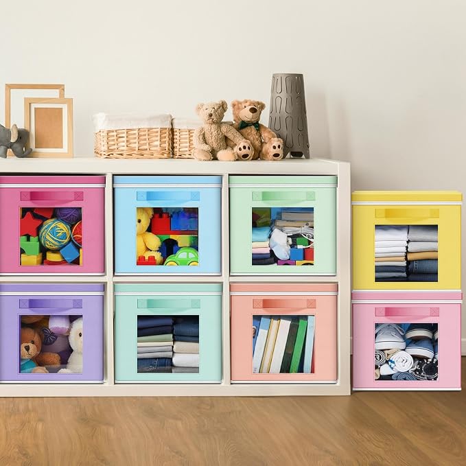 Threehoney 10 Pcs Fabric Storage Cubes with Lids and Clear Windows 11x11 Inch Foldable Closet Organizer Bins Aesthetic Pastel Storage Bins for Shelves Dorm Essentials Craft & Office Organization