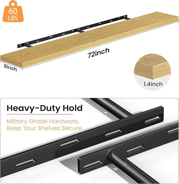 Fun Memories Floating Shelves for Wall, 72 Inch Long Set of 2 Rustic Wood Wall Shelves with Invisible Brackets, Heavy Duty Storage Display for Living Room Bedroom Kitchen, Oak