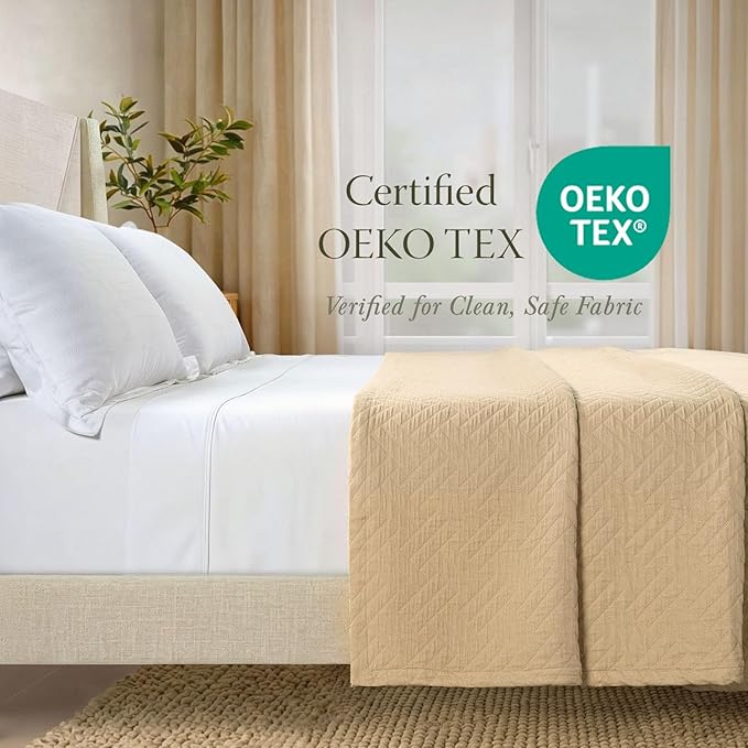 Threadmill Luxury Cotton Blankets for Queen Size Bed | All-Season 100% Cotton Queen Size Blanket | Criss Cross Jacquard Cozy Lightweight, Soft Breathable Coverlet fits Full Size Bed, 90x92 | Beige