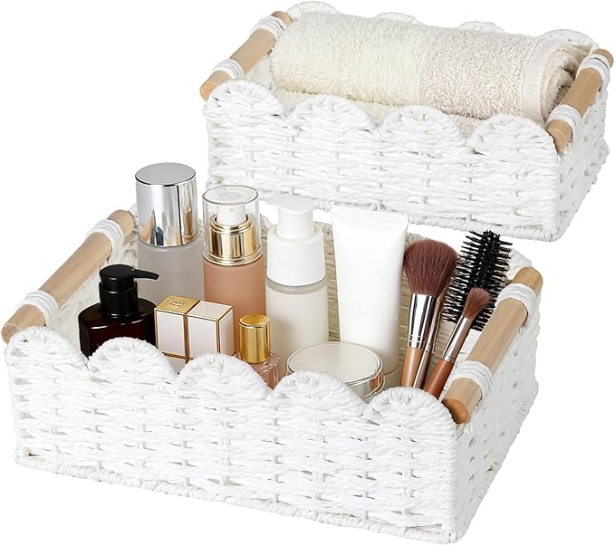 Graciadeco 2 Pack Scalloped Wicker Basket Paper Rope Storage Baskets with Wooden Handles Hand-Woven Organizer Bin Wicker Storage Baskets for Organizing, Home Decor (White)
