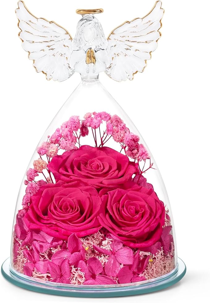 Flowers for Delivery Gifts for Mom Mothers Day Birthday Gifts for Women Grandma Fresh Preserved Flowers Forever Real Roses in Glass Angel Figurines Anniversary Present for Wife Her Friends Daughter