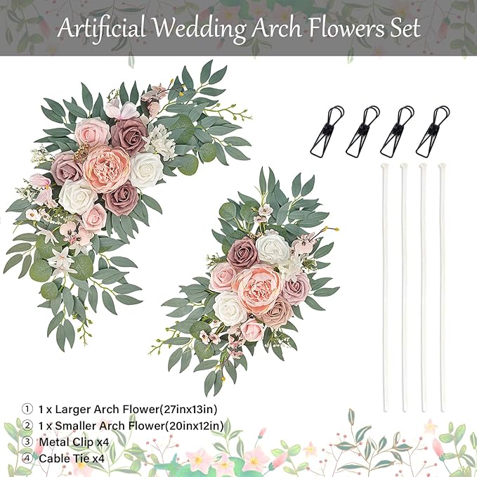 Pink Wedding Arch Flowers Set of 2, Artificial Wedding Arch Floral Swag Arrangement for Reception Photo Backdrop Decoration, Bridal Shower, Baby Shower