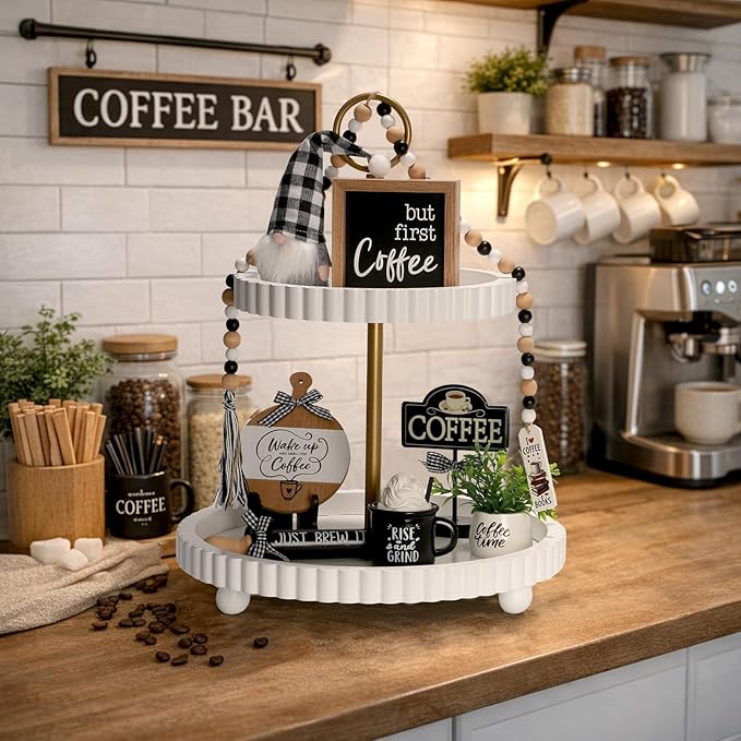 Coffee Tiered Tray Decor Set, 8 Pcs Farmhouse Rustic Tabletop Coffee Decorations for Home Office Table Shelf Mantel Coffee Bar Centerpiece Coffee Time Decor Wooden Sign Decorative Objects Bundle