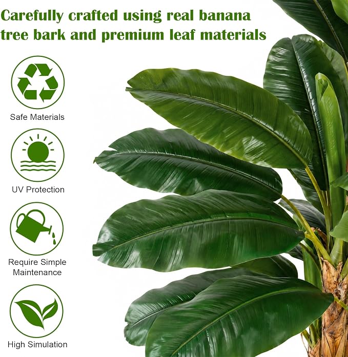 6FT Banana Tree Artificial Plant Fake Banana Leaf Plant Faux Tropical Plants Large Fake Plants Indoor in Black Pot for Living Room Bedroom Office Patio Balcony Home Decor (with Faux Moss)
