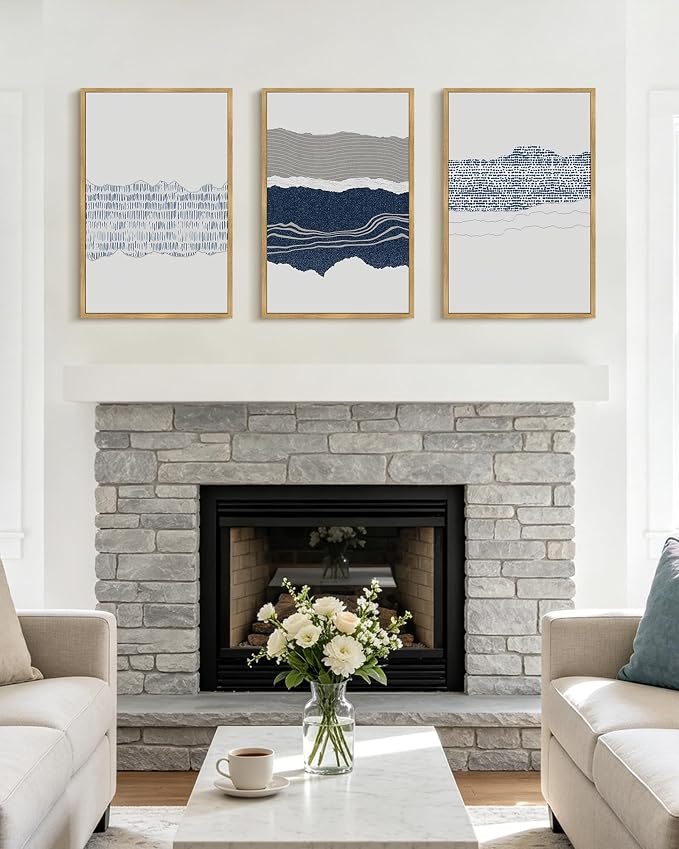 PHOPAGO Navy Blue Abstract Shapes Framed Wall Art Large 16x24in Mid Century Minimalist Boho Wall Decor Modern Neutral Rustic Farmhouse Living Laundry Decor - Natural Framed