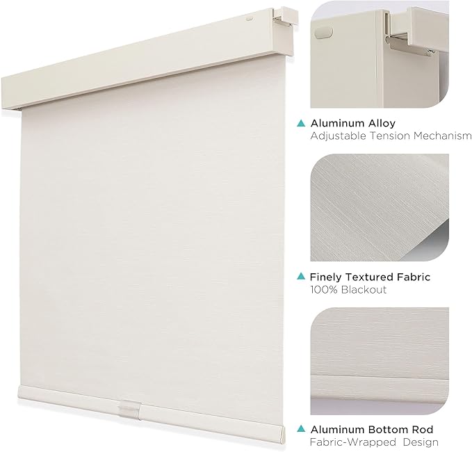 Joydeco No Drill No Tools Blackout Shades, Free-Stop Cordless Roller Shades, Thermal Insulated Blinds for Indoor Windows, Easy Install Window Blinds for Home and Office (Beige, 28" W X 75" H)