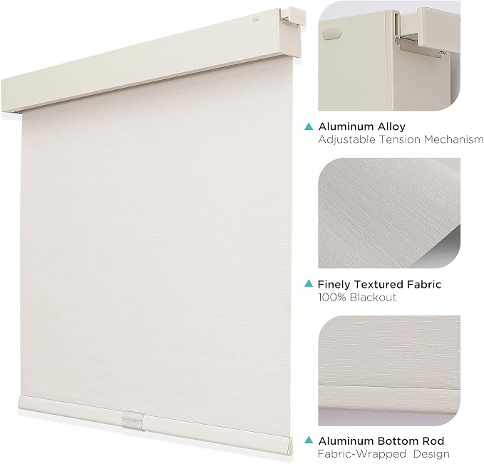 Joydeco No Drill Blackout Shades, Free-Stop Cordless Roller Shades, UV Protection, Thermal Insulated Blinds for Indoor Windows, Easy Install Window Blinds for Home and Office (Beige, 32" W x 75" H)