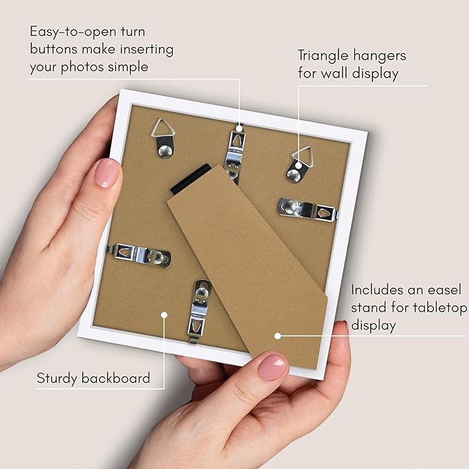 Americanflat 5x5 Picture Frame with Shatter-Resistant Glass - Streamline Collection - Thin Border Square Frame for Tabletop and Wall Display - Hanging Hardware and Easel Stand Included - White
