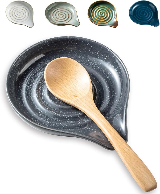 LAUCHUH Spoon Rest, Ceramic Spoon Holder for Stove Top 5" Kitchen Spatula Rest for Countertop Large Cooking Utensil Holder for Ladle, Spatula, Spoons or Tongs, Speckled Dark Gray