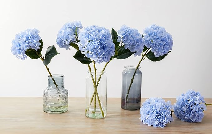 PARTY JOY 5PCS 15.4In Artificial Hydrangea Silk Flowers Bouquet Faux Hydrangea Stems for Wedding Centerpieces Home Decor (Light Blue)