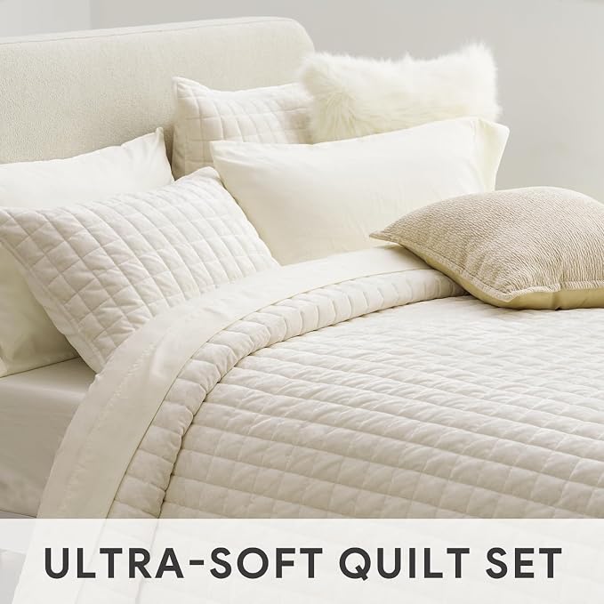 RECYCO Luxury Velvet Quilt Set Full Queen Size, Lightweight Velvet Comforter Set, Oversized Bedspread Coverlet Quilted Bedding Set, with 2 Matching Pillow Shams, for All Season, Cream White