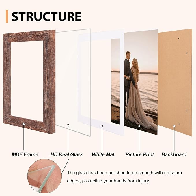 Fixwal 4x6 Rustic Picture Frames Set of 5, Vintage Distressed Photo Frames with Tempered Glass, Decorative Art for Wall Hanging and Tabletop Placement, Display 3.5x5 with Mat or 4x6 Without Mat