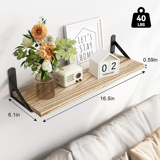 Fixwal Floating Shelves for Wall, Wood Wall Mounted Shelves for Bedroom, Bathroom, Living Room, Kitchen Storage and Decor(Rustic Brown, Set of 3, 16.5 Inch)