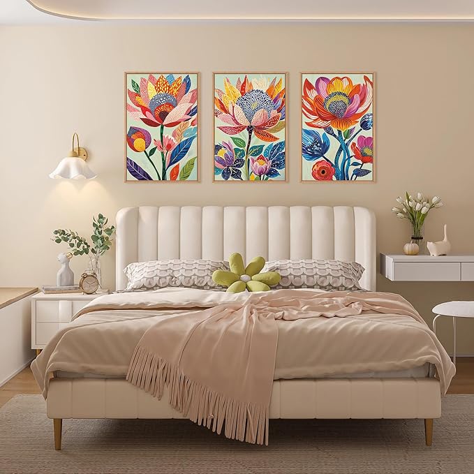 HPINUB Abstract Botanical Floral Framed Canvas Wall Art Set,Colorful Dot Art Modern Flower Wall Decor,Vibrant Blooming Flowers Artwork Eye-Catching Boho Art Print for Living Room,Bedroom-16 x24 x3