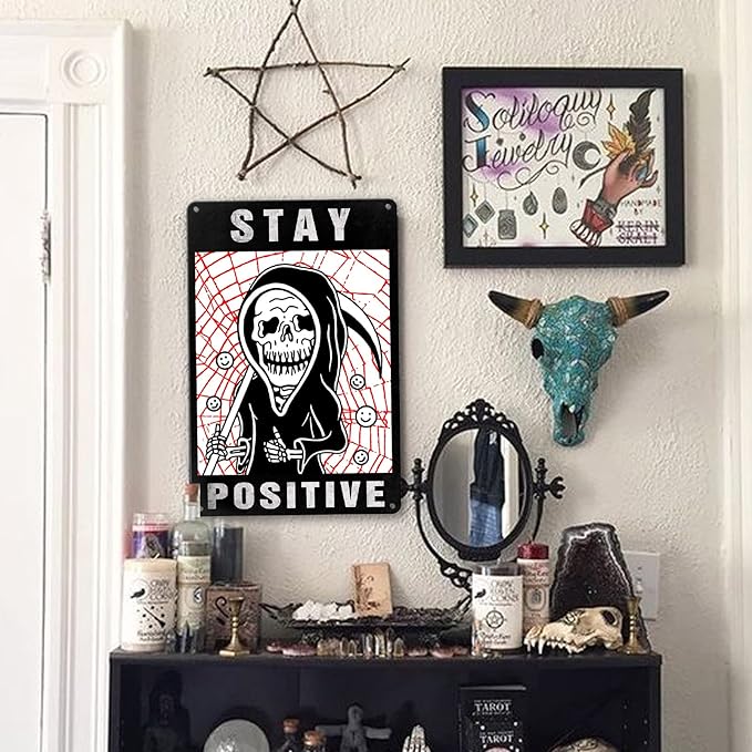 Skull Room Sign Funny Gothic Wall Decor Spooky Home Decor Aesthetic Goth Bedroom Decor Vintage Metal Tin Signs Spooky Skeleton Halloween Living Room Decorations Witchy Stay Positive Signs Hippie Signs Boho Gifts Retro Skull For Office Kitchen And Bath ...