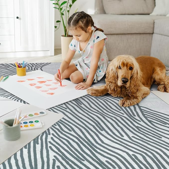 YIHOUSE Grey Rug for Living Room, 6×9 Modern Abstract Area Rug, Geometric Contemporary Wave Striped Rugs for Playroom Nursery, Washable Nonslip Large Rug for Bedroom Dining Room
