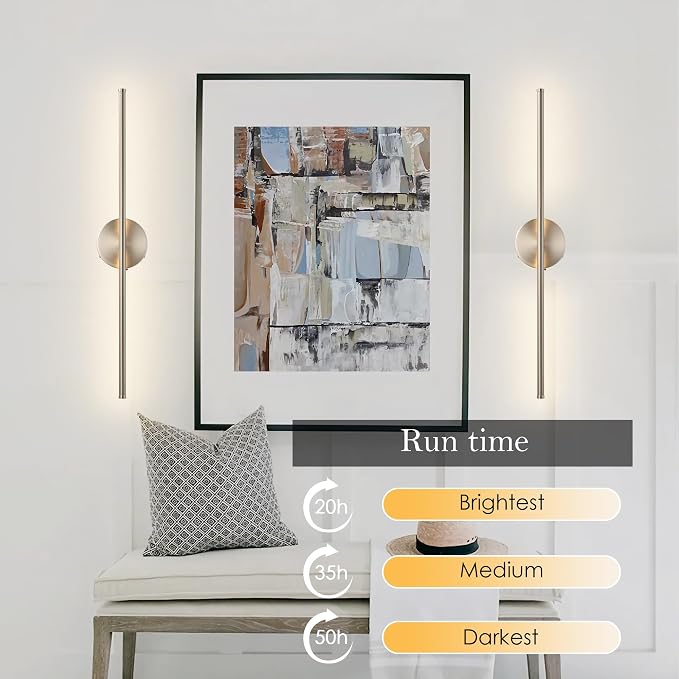 KARTOOSH Battery Operated Wall Sconces with Remote Control, Dimmable Wall Sconces Set of Two, 350°Rotate, 3000K LED Nickel Wireless Wall Light for Living Room, Bedroom, Hallway, 32.2 Inch (2 Pack)
