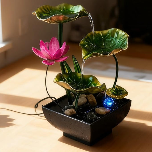 AOZITA Tabletop Fountain, Indoor Waterfall Fountain, Tall Home Décor Zen Relaxation Soothing Sound Machine for Office, Living Room, or Bedroom, Green Metal Lotus with Flower, River Rocks, LED