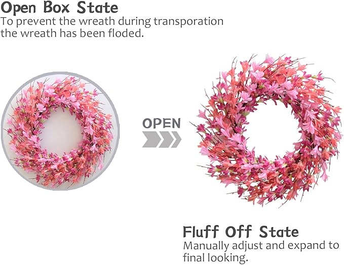Bibelot 22inch Artificial Forsythia Flower Wreath Spring Summer Fall Wreath Silk Leaves for Front Door Decoration Porch Farmhouse Patio Garden Home Decor (Pink)