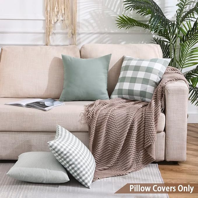 CARRIE HOME Farmhouse Sage Green Plaid Pillow Covers 18x18 Set of 2 Neutral Throw Pillows Light Green Outdoor Indoor Checkered Decorative Pillow Covers 18 x 18 for Couch Porch and Patio, Grey Green
