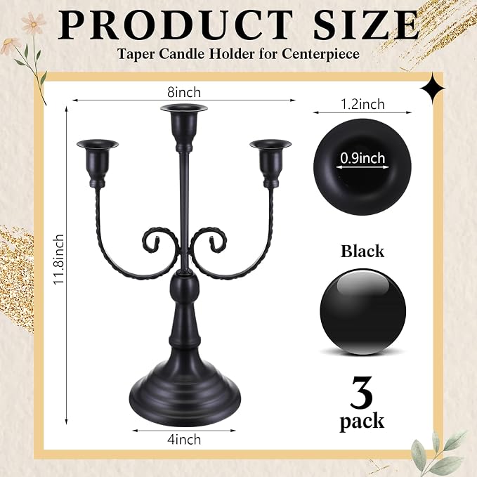 Dandat 3 Pcs 3 Arm Metal Candelabra Candlestick Holders Tall Candlestick Holders Gothic Candle Holder for Home Wedding Church Christmas Party(Retro,11.8 Inch,Black)