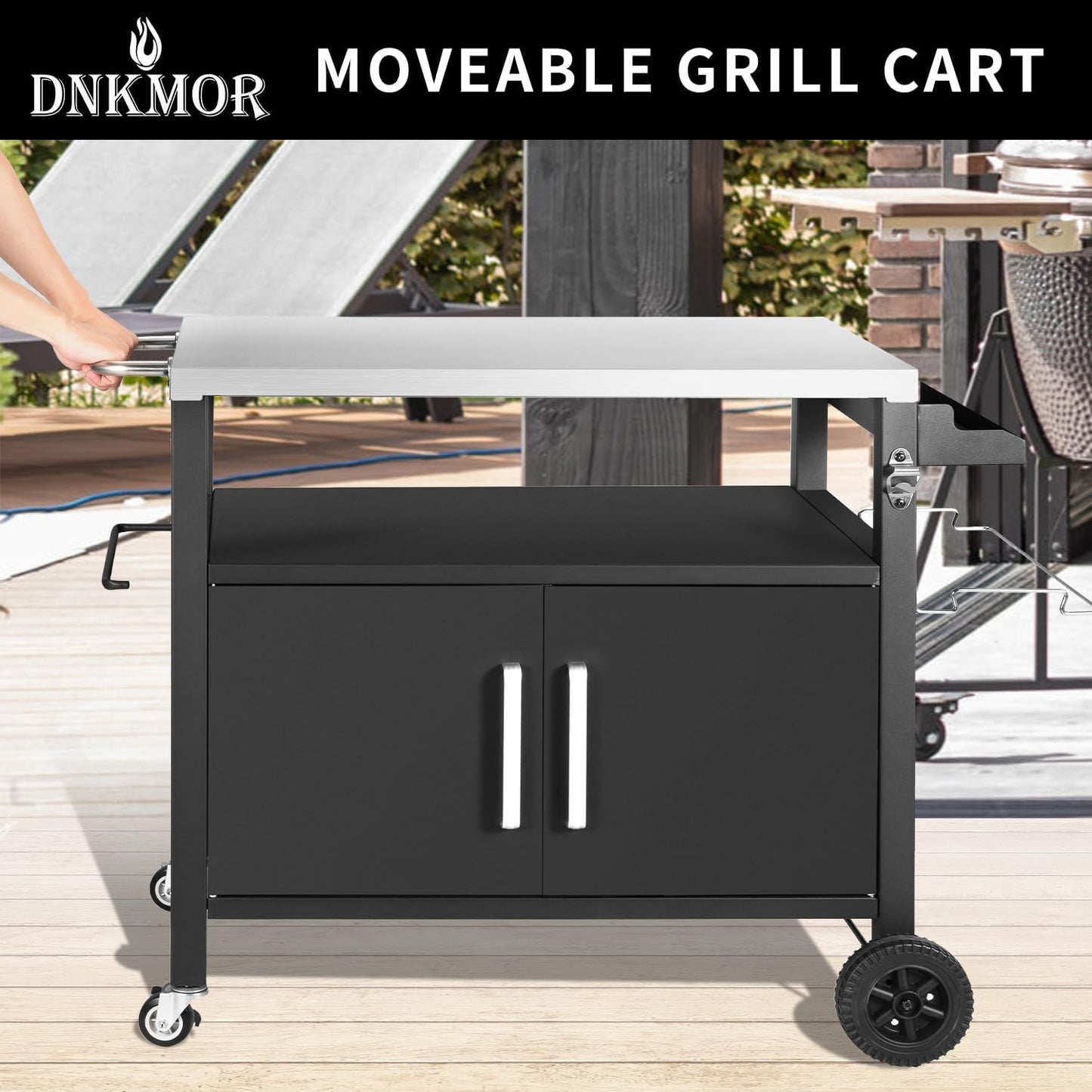 Dining Cart Table with Big Storage Cabinet, Movable Outdoor BBQ Grill Table Pizza Oven Stand, Kitchen Cart Island Multifunctional Food Prep for Inside and Outside