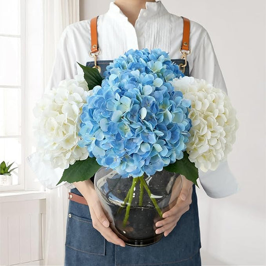 JINWOE Silk Flowers Hydrangea Artificial Flowers, 4Pcs 22Inch Large Lifelike Faux Flowers, Full Fake Artificial Hydrangeas with Stems for Bouquet Table Centerpieces Home Decoration (White/Blue)