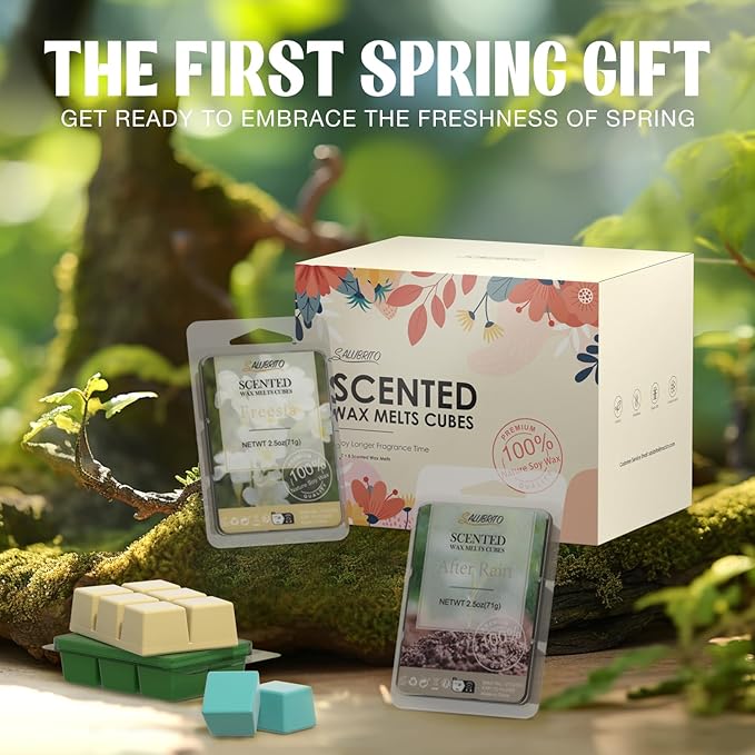 Salubrito Spring Scented Wax Melts, Strong Scented Soy Wax Cubes - Rain, Fresh Cut Grass, Ocean Breeze, Sweet Pea, Rose Geranium, Gardenias, Freesia, Bamboo, Variety Gift Set, 8x2.5oz